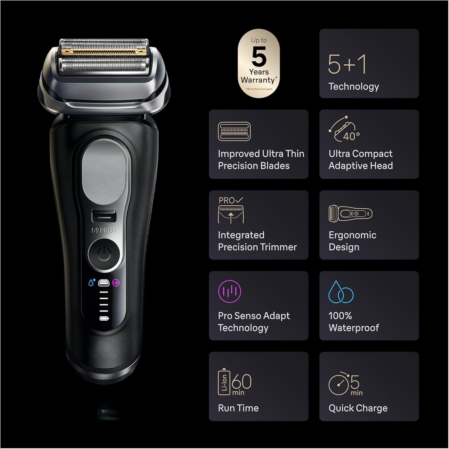 Electric Shaver, Pro SensoAdapt, 6in1 SmartCare Center, Wet & Dry Razor, 9660CCPS, Black