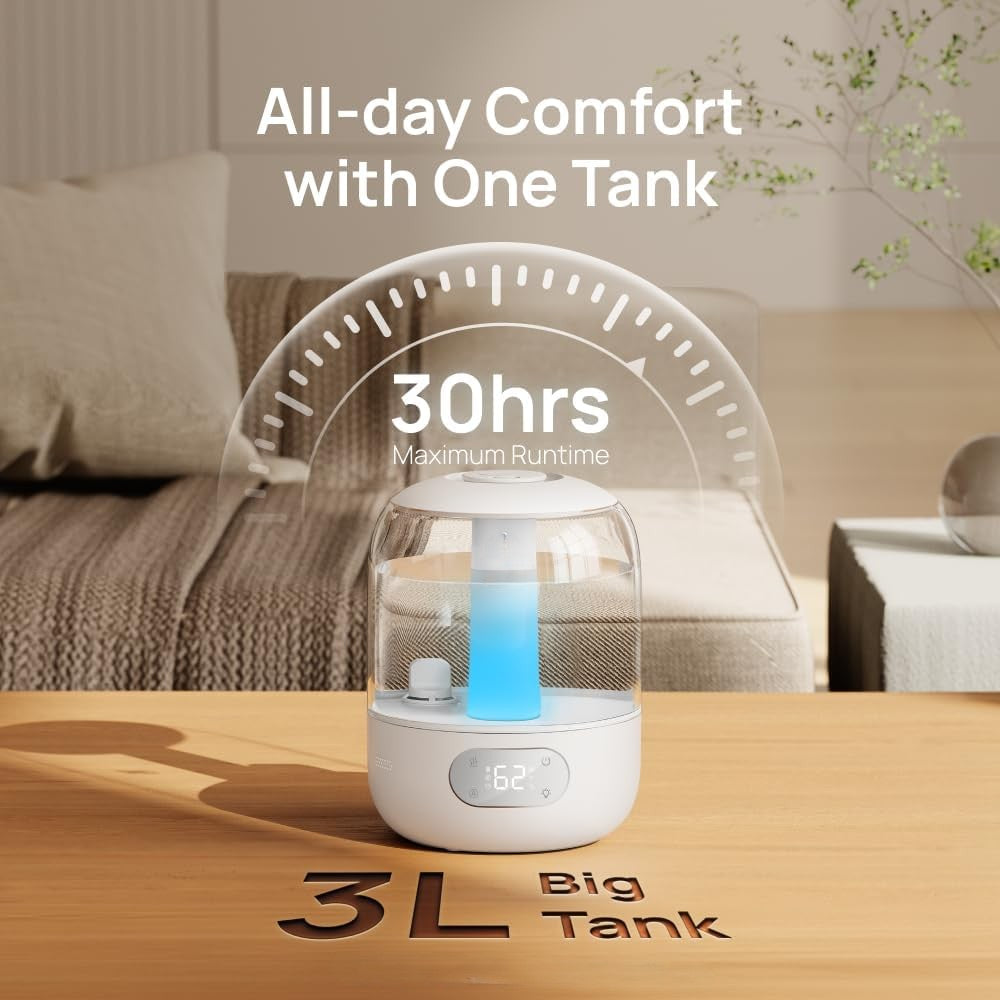 Humidifiers for Bedroom, 3L Top Fill 30H & 26dB Quiet Runtime for Large Room, Cool Mist Ultrasonic Humidifier with Humidity Sensor, Night Light for Home, Baby, Nursery, Plants, New Edition