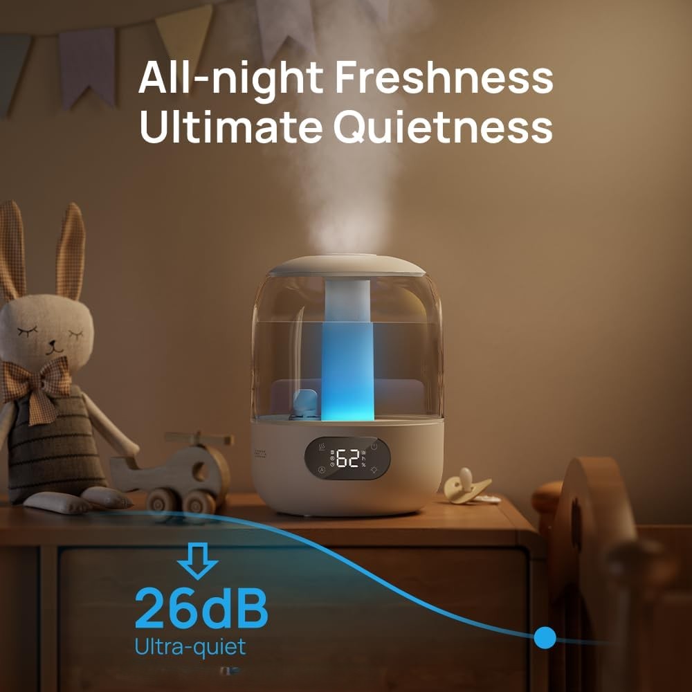Humidifiers for Bedroom, 3L Top Fill 30H & 26dB Quiet Runtime for Large Room, Cool Mist Ultrasonic Humidifier with Humidity Sensor, Night Light for Home, Baby, Nursery, Plants, New Edition
