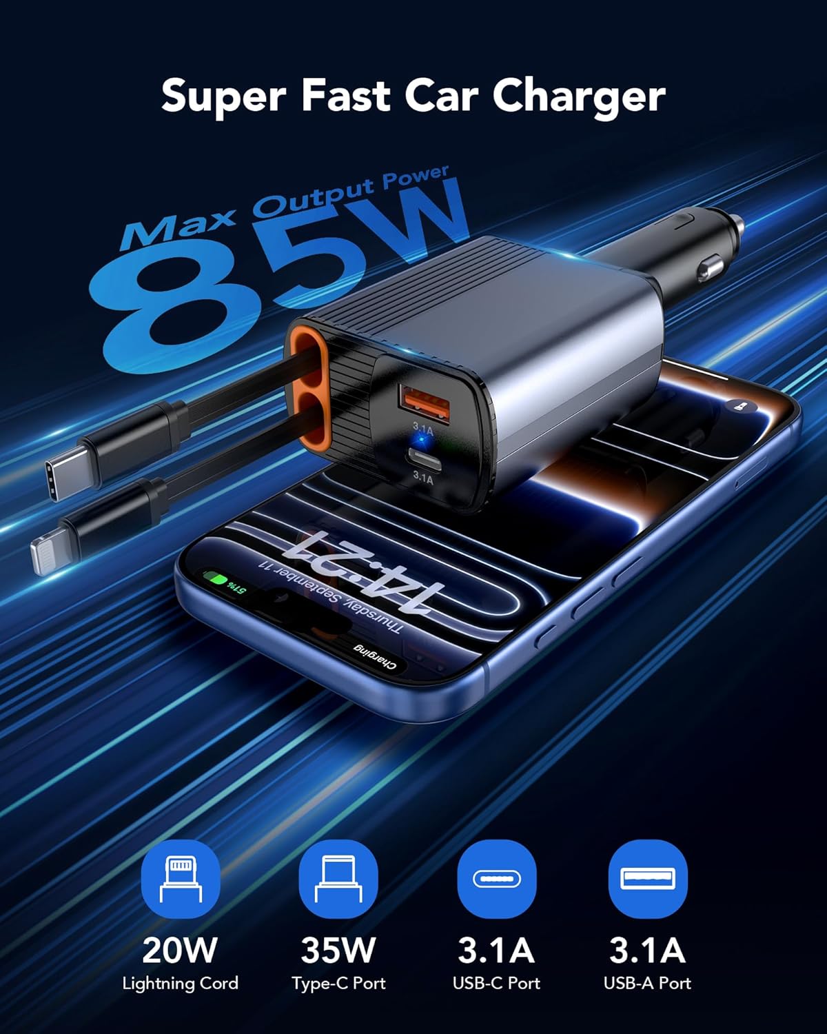 85W Retractable Car Charger, 4-in-1 Fast Car Phone Charger with 2.6ft Two Retractable Cables and USB C+USB A Car Charging Block Cube, Compatible with iPhone 13 14 15 16 17 Pro Max, Plus