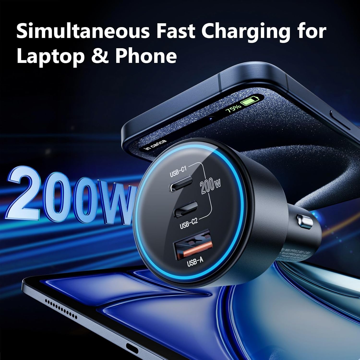 USB C Car Charger Fast Charging 200W, Dual PD 100W Type C Car Charger, PD3.0/QC4.0/PPS Cigarette Lighter Adapter for iPhone 16/15/14/13/12, Galaxy S22/S21 Ultra, MacBook, Laptop etc