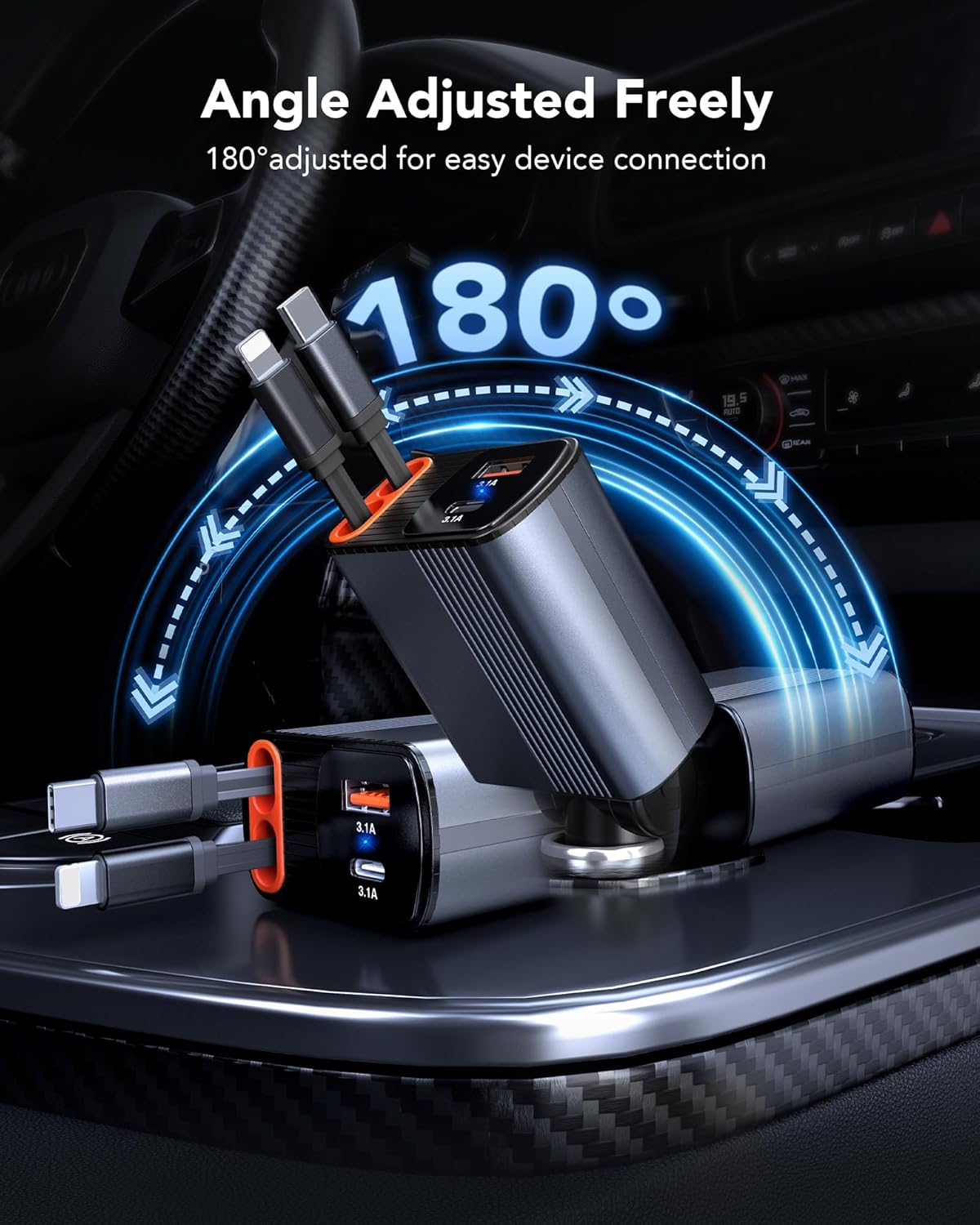 85W Retractable Car Charger, 4-in-1 Fast Car Phone Charger with 2.6ft Two Retractable Cables and USB C+USB A Car Charging Block Cube, Compatible with iPhone 13 14 15 16 17 Pro Max, Plus