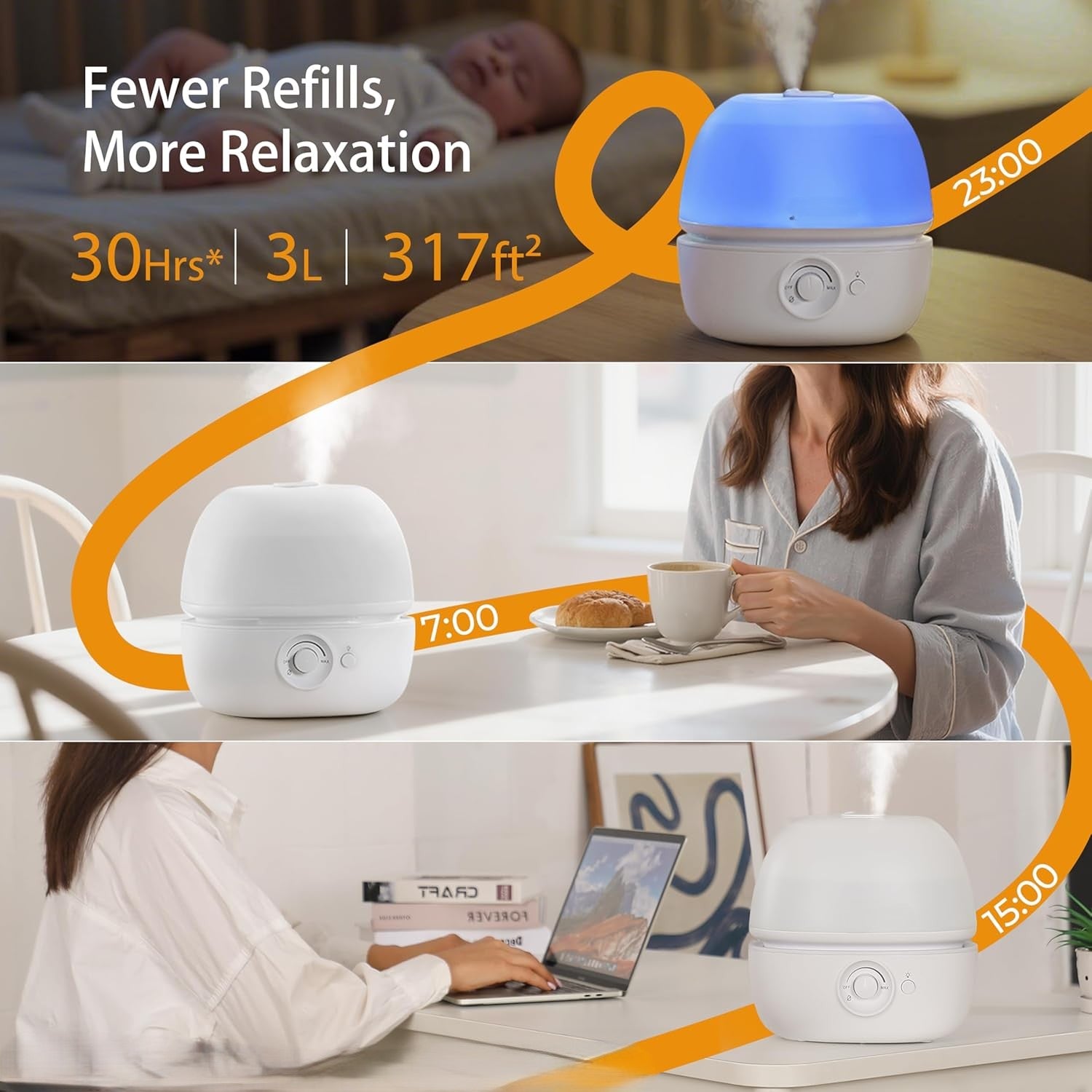 3L Cool Mist Humidifier, Ultra Quiet 20dB for Bedroom, Baby & Office, Top Fill Air Humidifier for Home Office & Indoor Plants, 30H Runtime, Essential Oil Tray, Night Light, BPA-Free, White