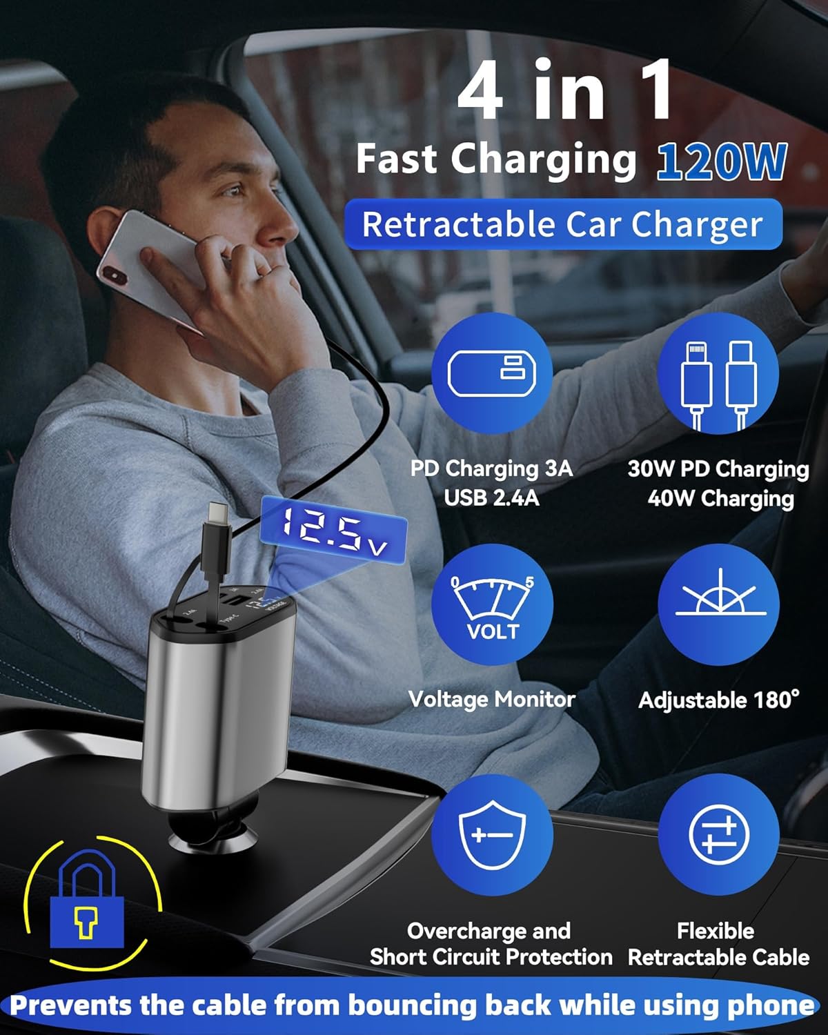 Retractable Car Charger, 4 in 1 Fast Charging Car Charger with USB-C & USB-A, Compatible with iPhone 17/16/15/14/13/12/11,Galaxy,Pixel, Car Accessories for Men Women Drivers