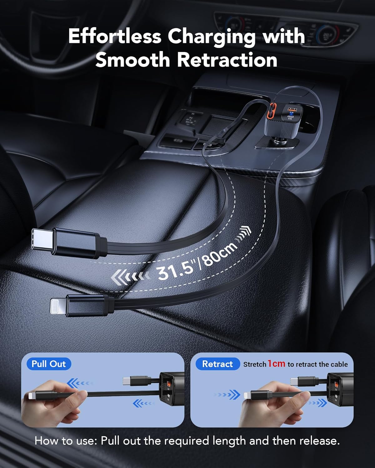 85W Retractable Car Charger, 4-in-1 Fast Car Phone Charger with 2.6ft Two Retractable Cables and USB C+USB A Car Charging Block Cube, Compatible with iPhone 13 14 15 16 17 Pro Max, Plus