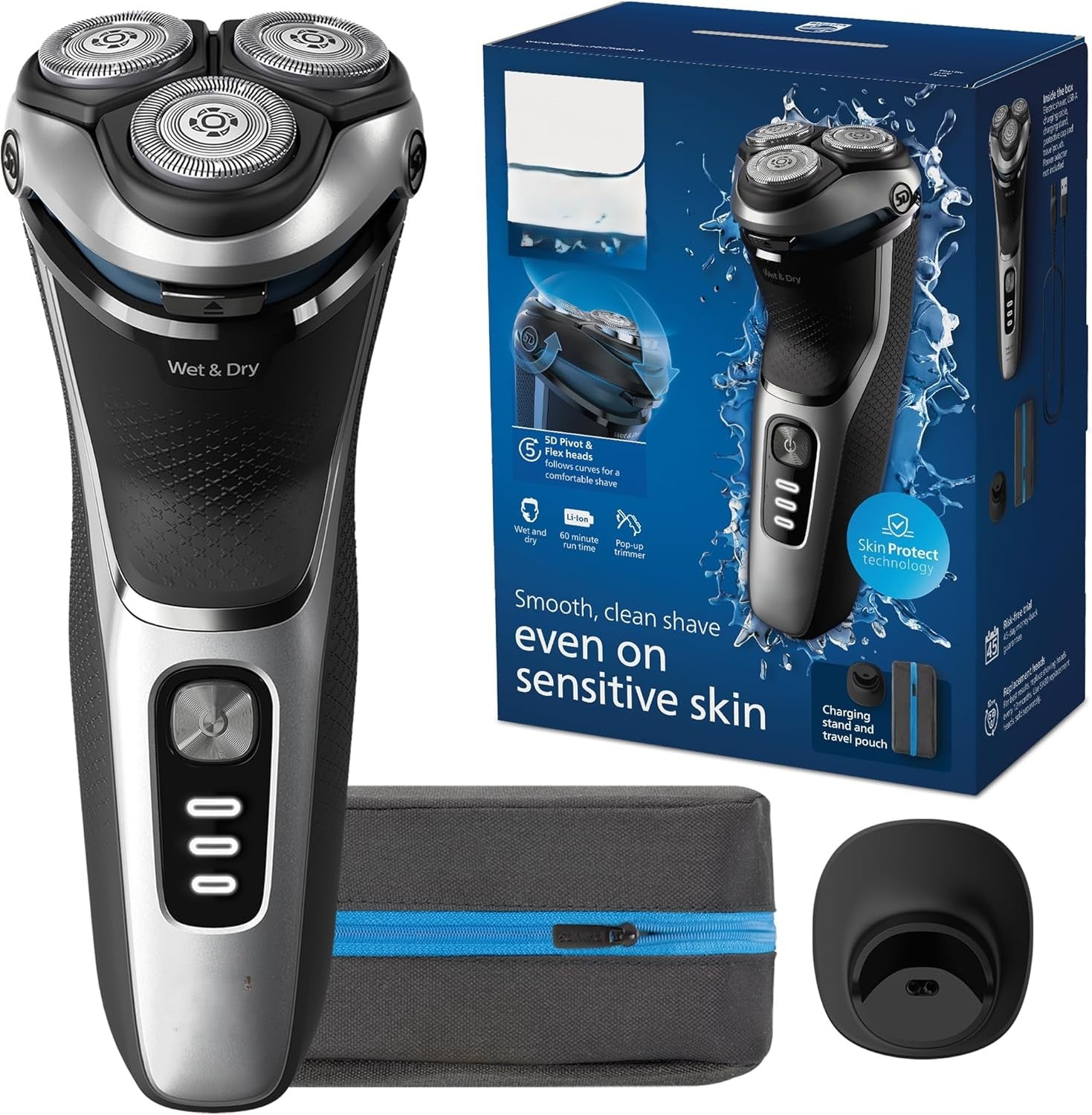 Shaver 3900 Series, Wet and Dry Electric Shaver, P-Cap, Travel Pouch, Charging Stand, Storm Blue